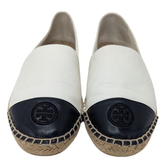 Tory Burch Colorblock Leather Espadrilles White Black Cap Toe Flats Size 10 - Picture 2 of 9